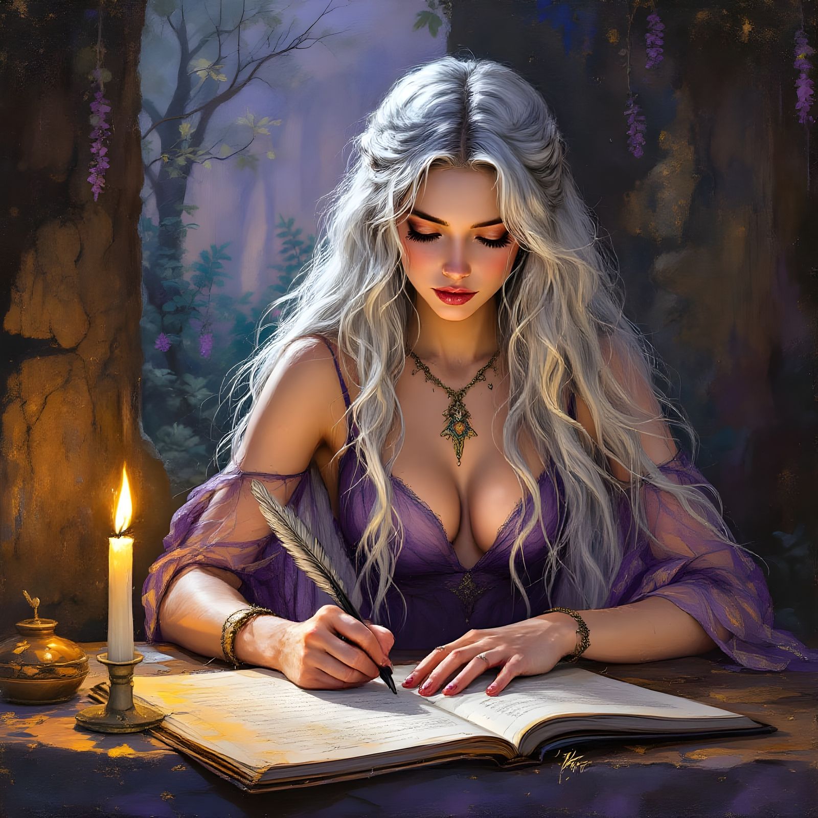 Norse Goddess Writing by Candlelight in Encaustic Wax