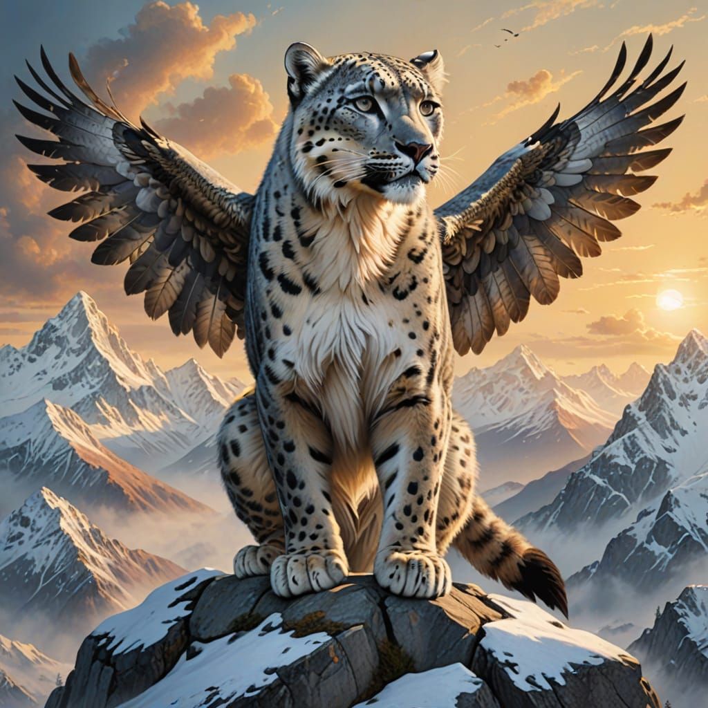 Majestic Snow Leopard with Eagle Wings, Set Against a Serene...