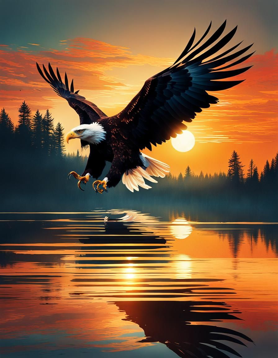 Bald Eagle Silhouette Portrait with Sunset Lake