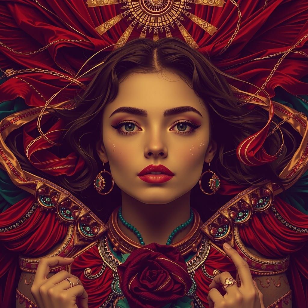 Divine Feminine Celestial Vision in Teal, Red, and Gold