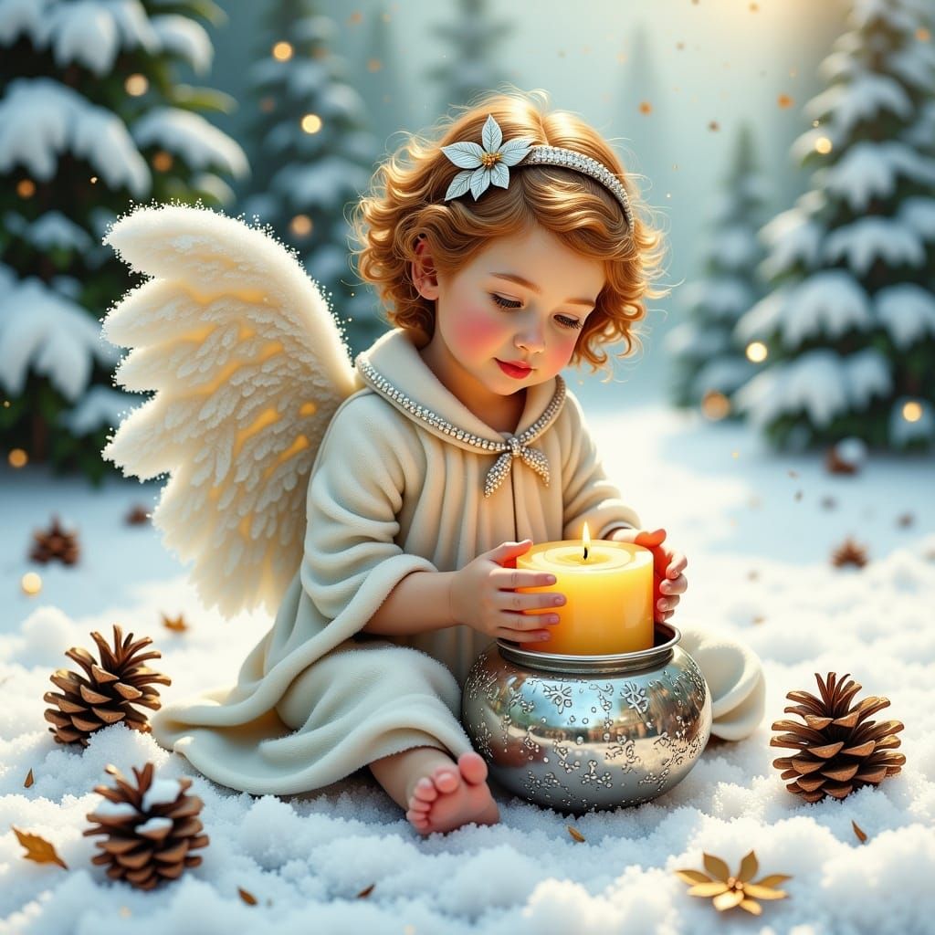 Christmas Angel with Candle in Watercolor Style