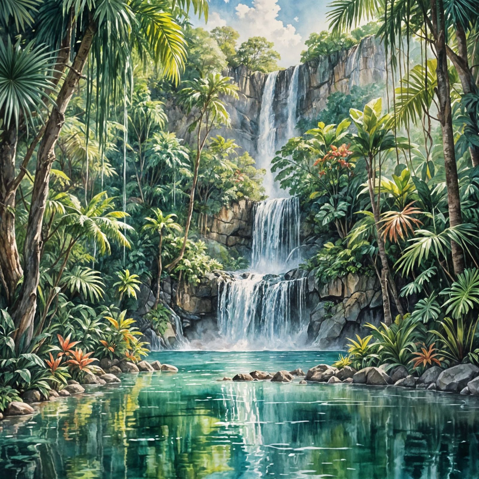 Rainbow Waterfall in Watercolor Illustration