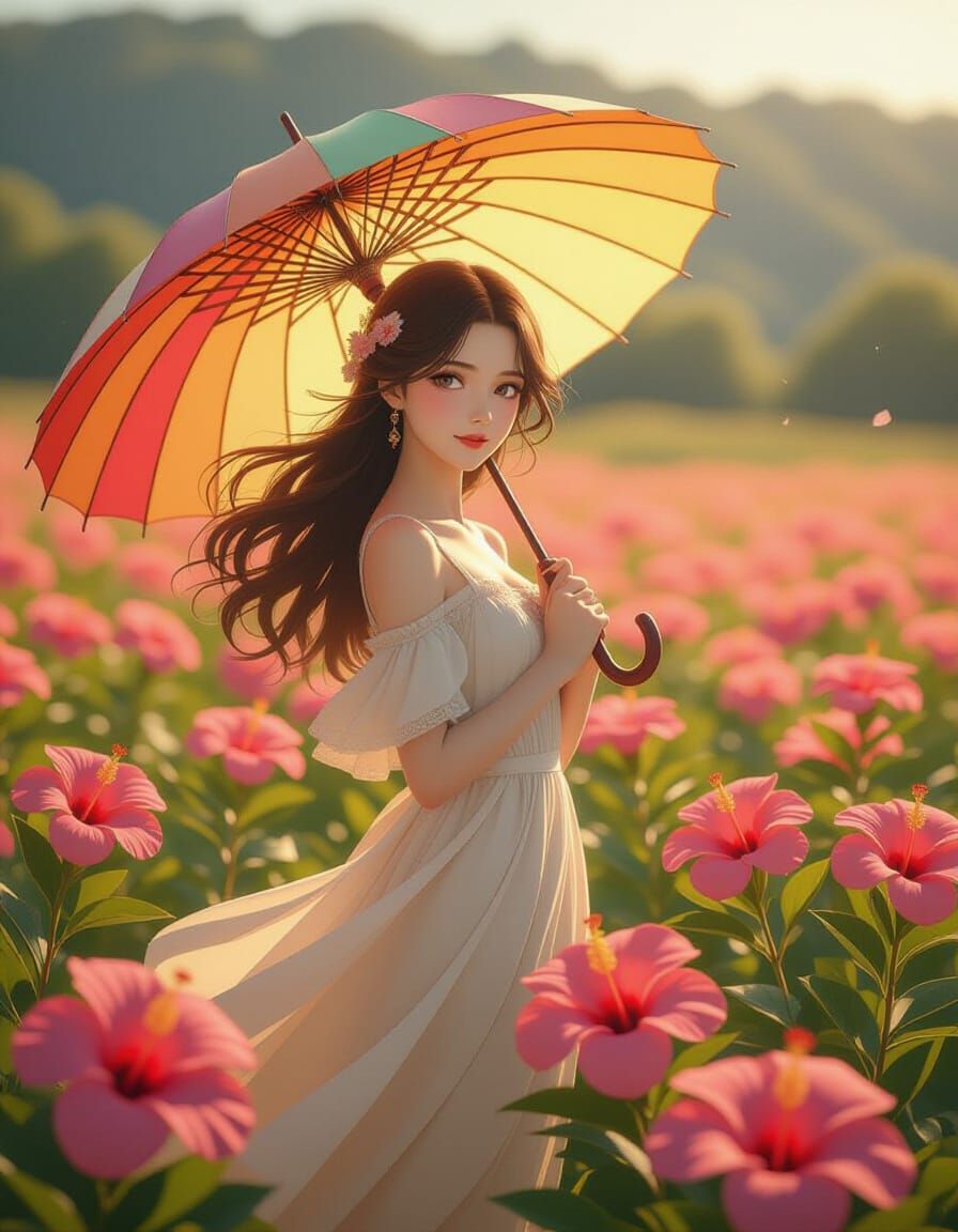 Art Nouveau Anime Woman in Hibiscus Field