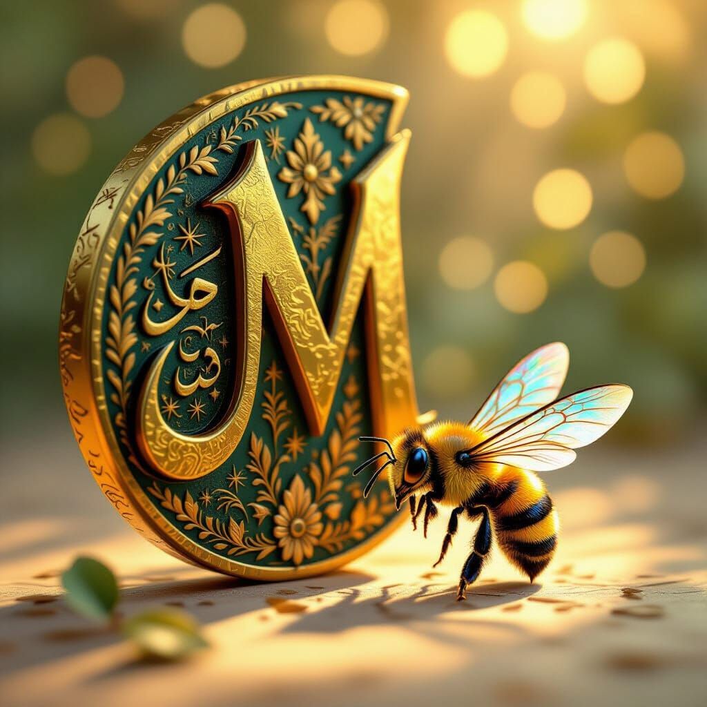 Adorable Bee Hovers Before Ornate Gold Arabic Letter Meem