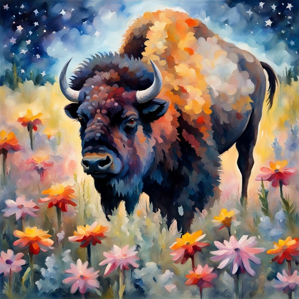 Bison Among Flowers and Stars as Gouache Painting