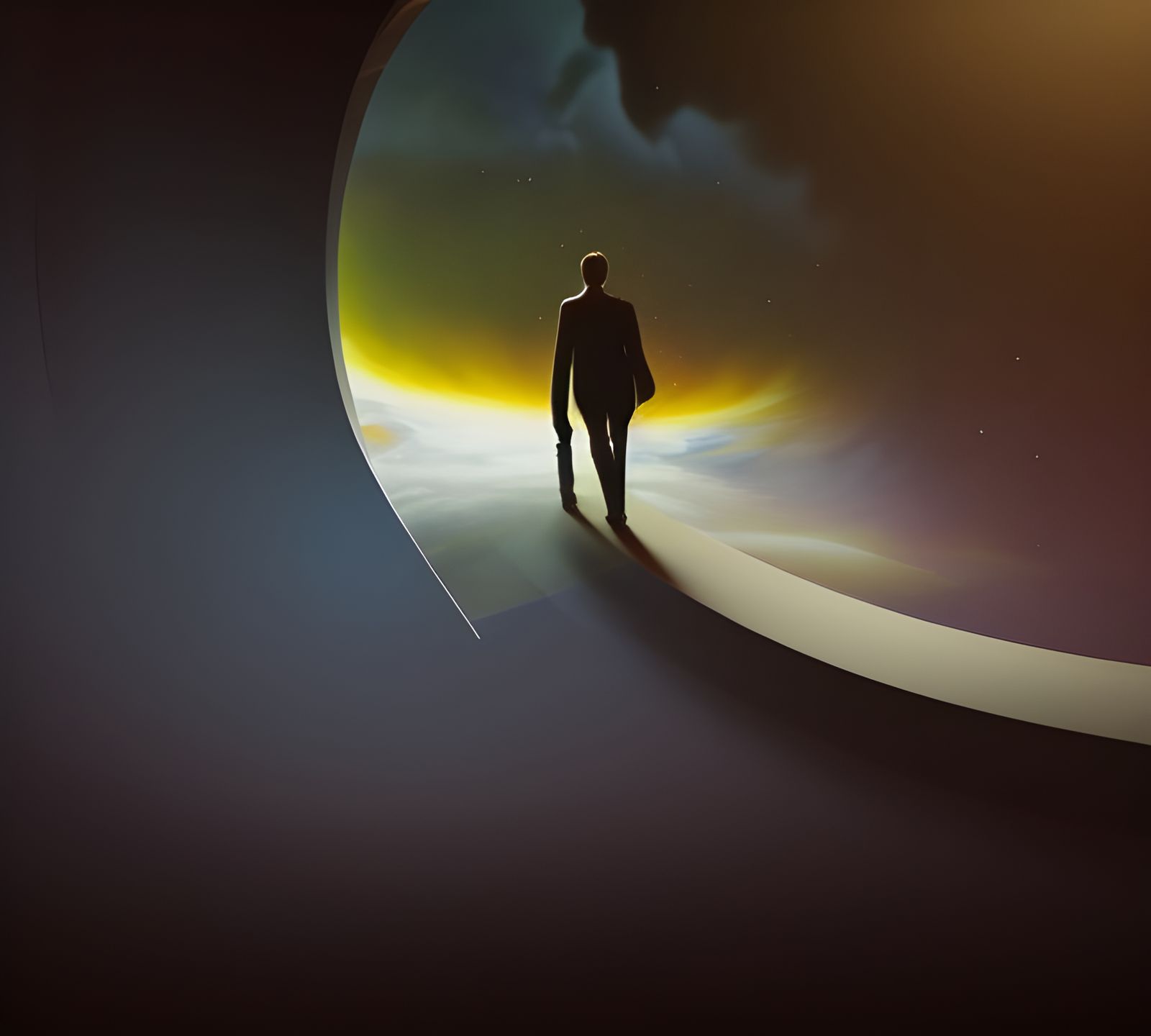 Surreal Walkers on Metal Arch in Clouds