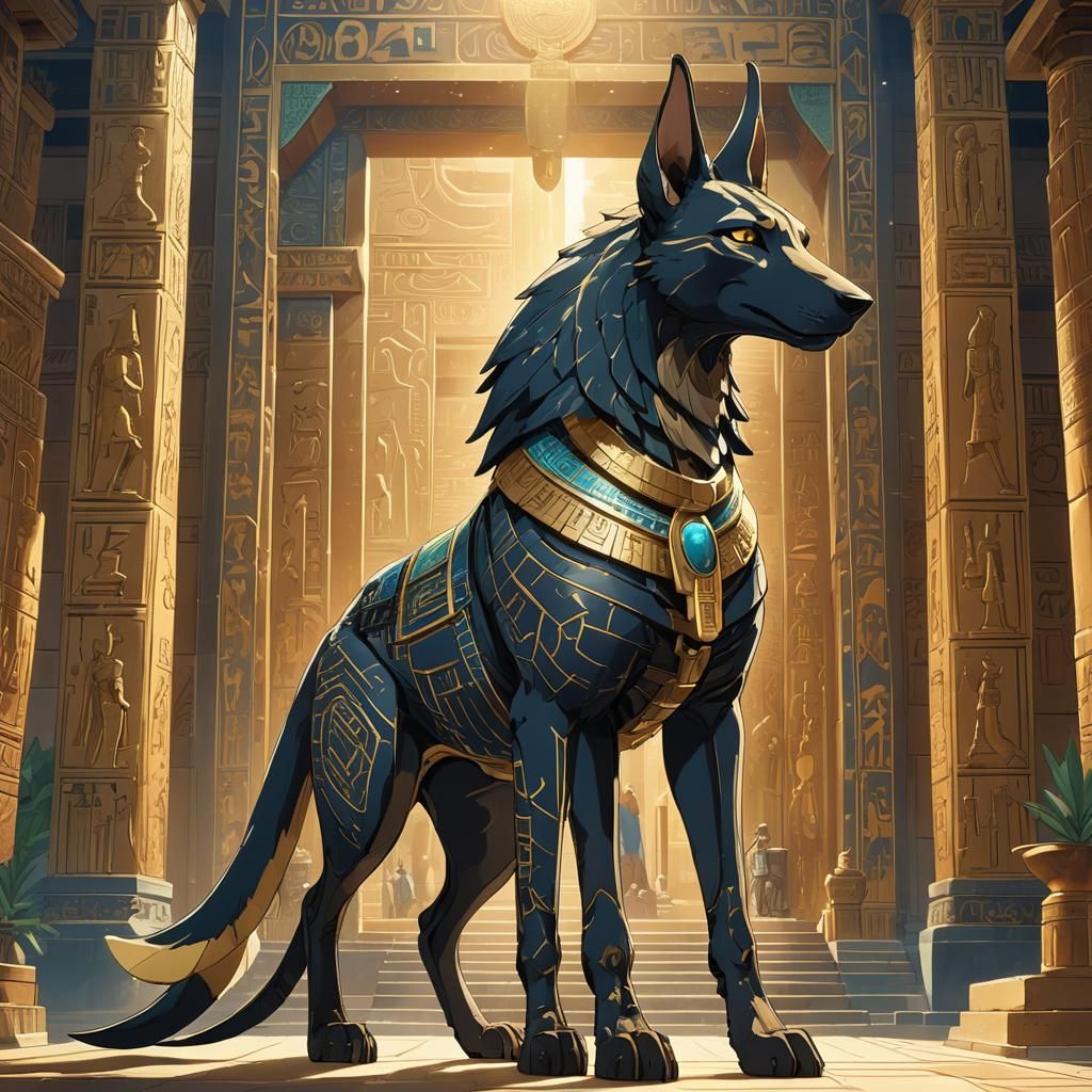 Anubis in Egyptian Temple: Makoto Shinkai Anime Style