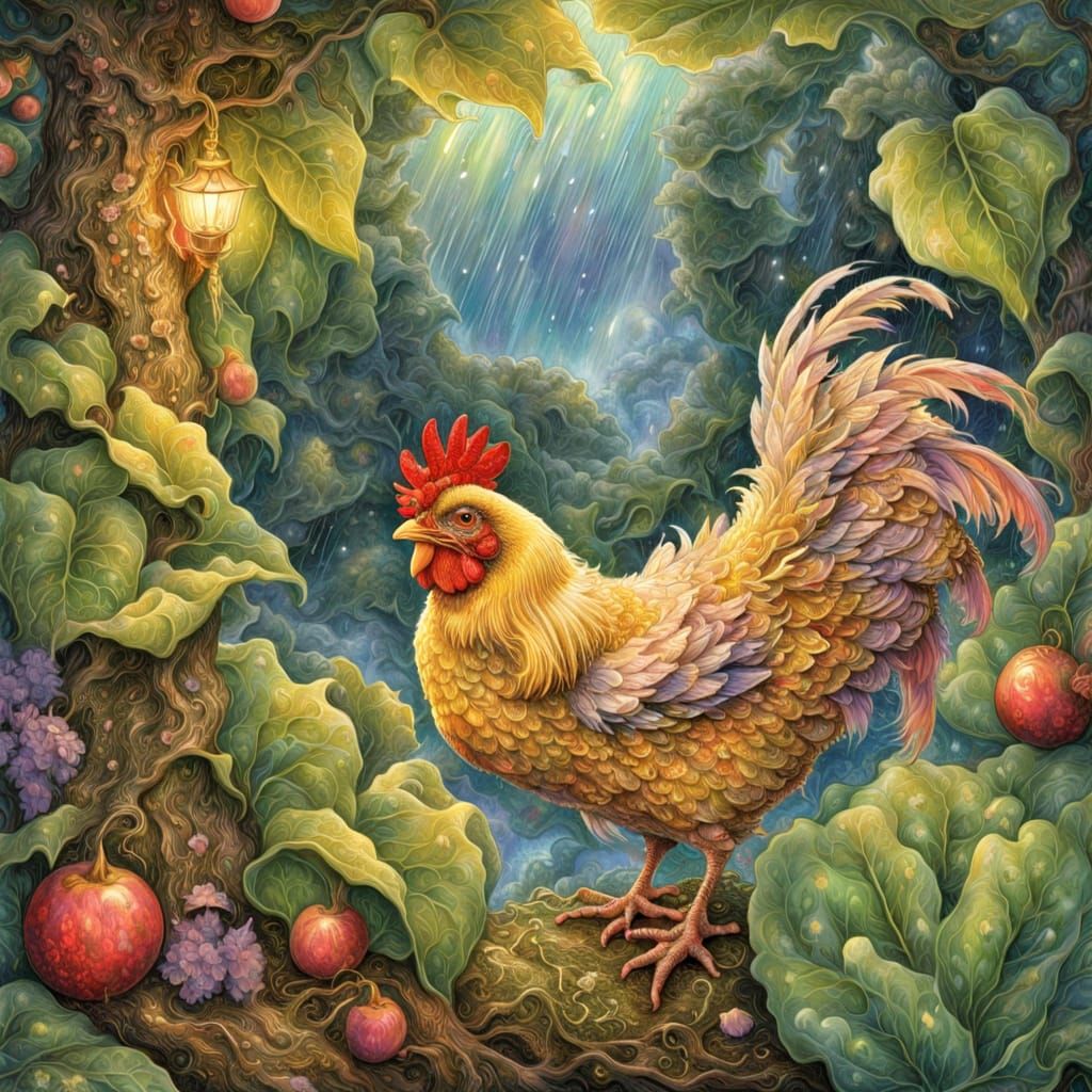 Chicken Sheltering Under Rhubarb Leaf: Fairytale Illustratio...