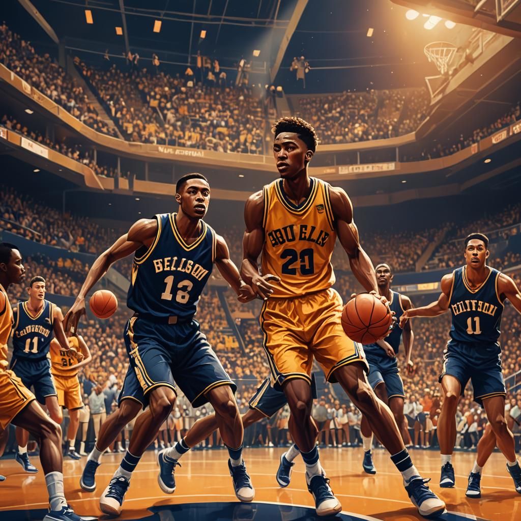 Retro-Futuristic High School Basketball Game in Golden Light