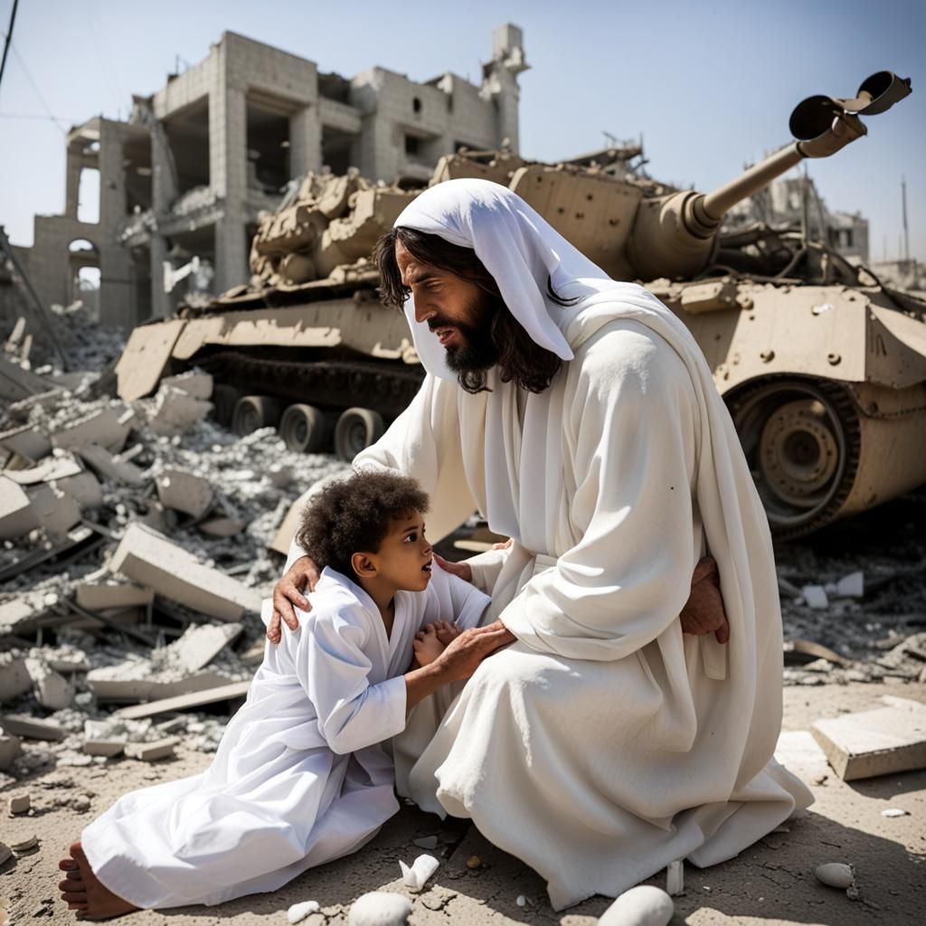 Jesus Blesses Child in War-Torn City