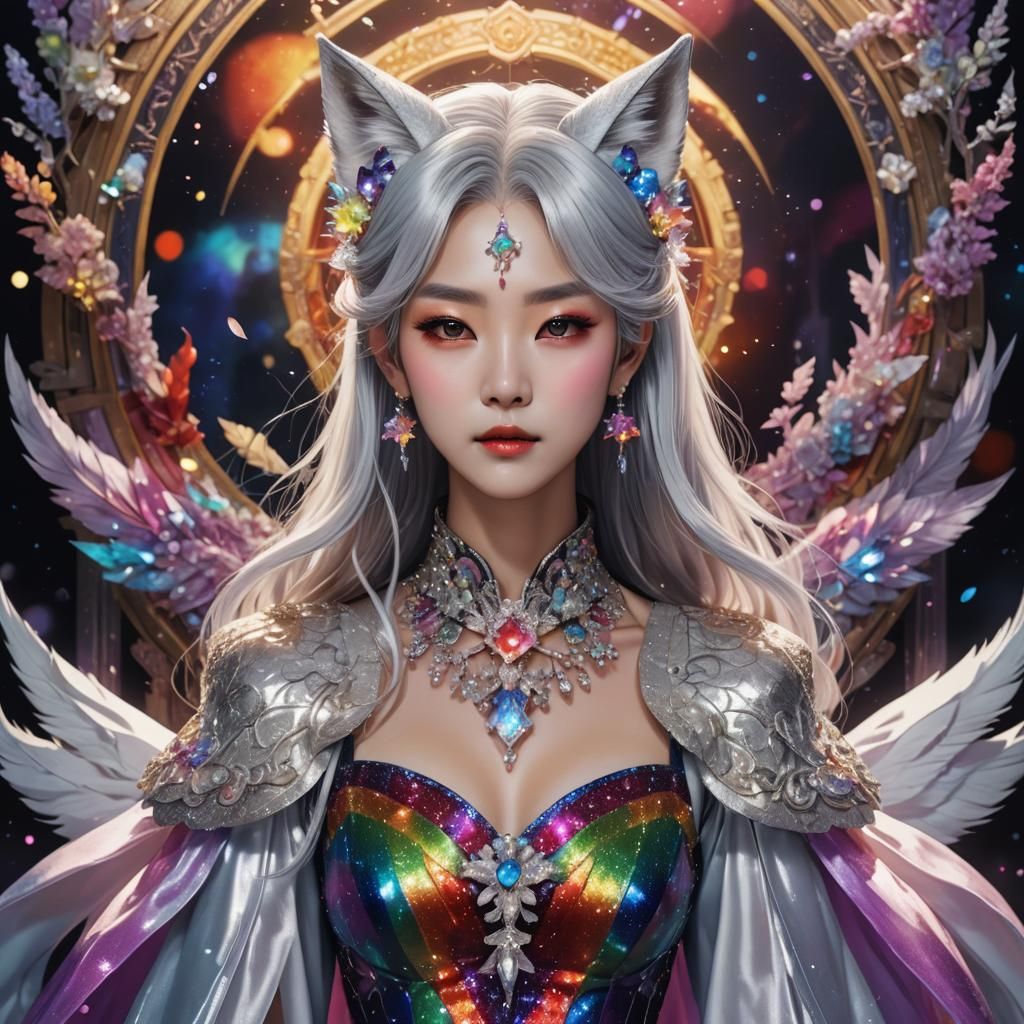 Anime Vampire Queen with Fox Ears in Art Nouveau Style