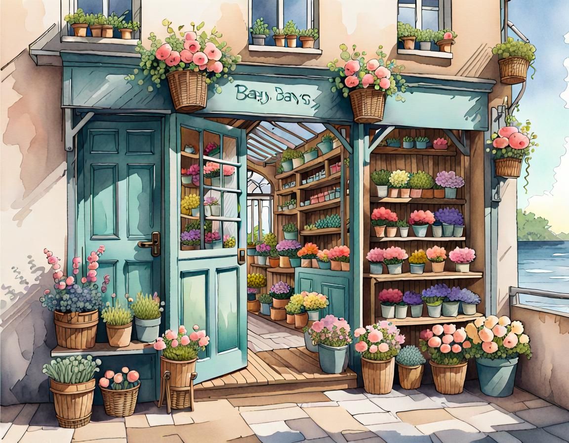 Pastel Flower Shop by the Sea: Watercolor Illustration