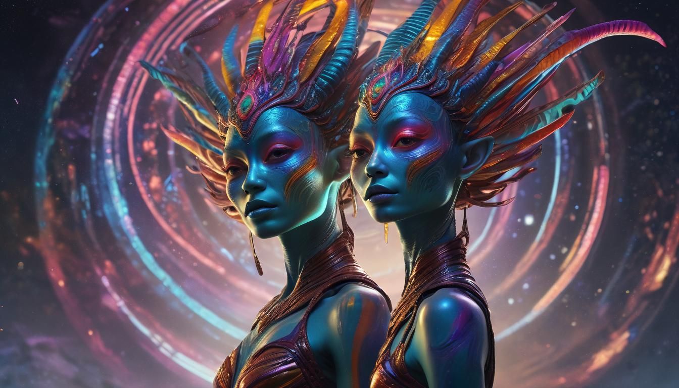 Iridescent Alien Portrait with Cosmic Aura