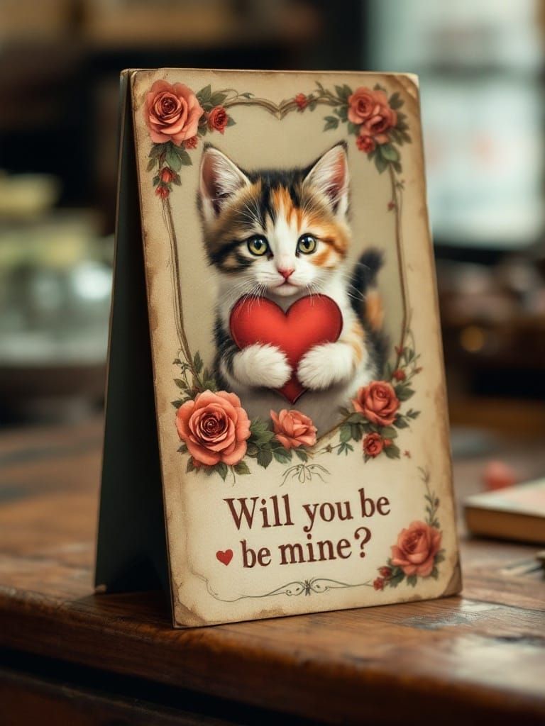 Vintage Valentine's Day Card with Adorable Calico Kitten
