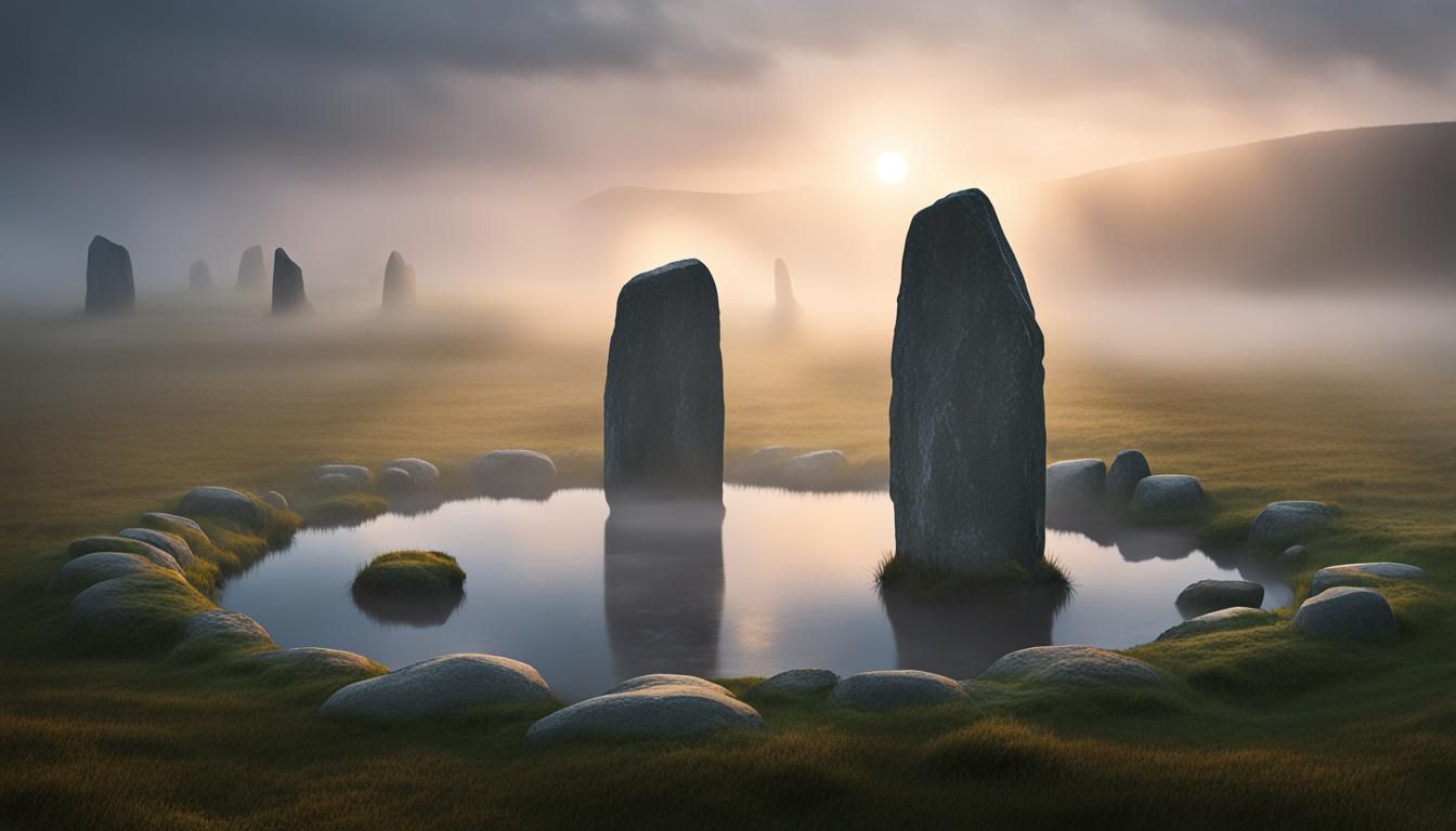 Standing Stones in Misty Field with Magic Pool