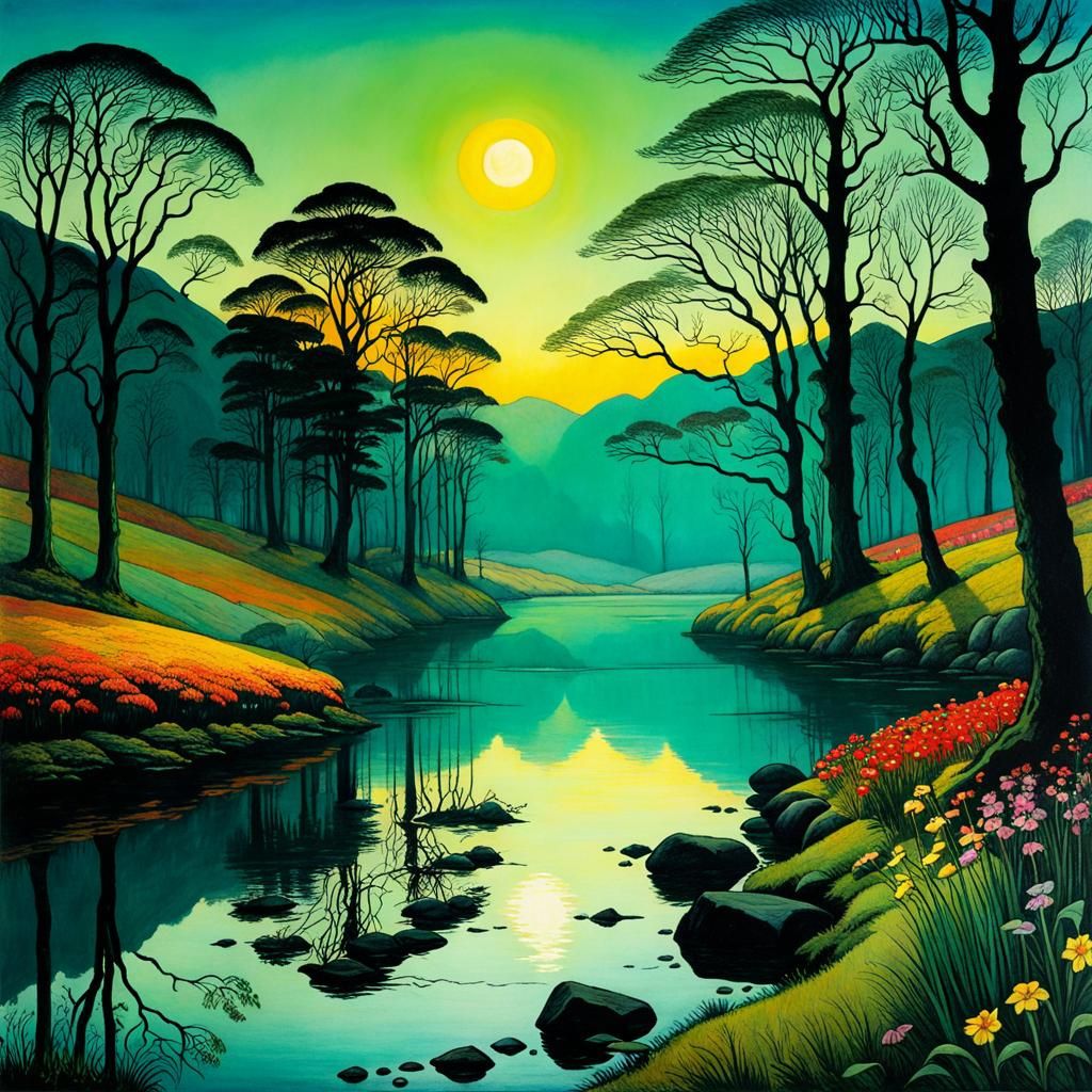 Romantic Landscape in Golden Age Illustration Style