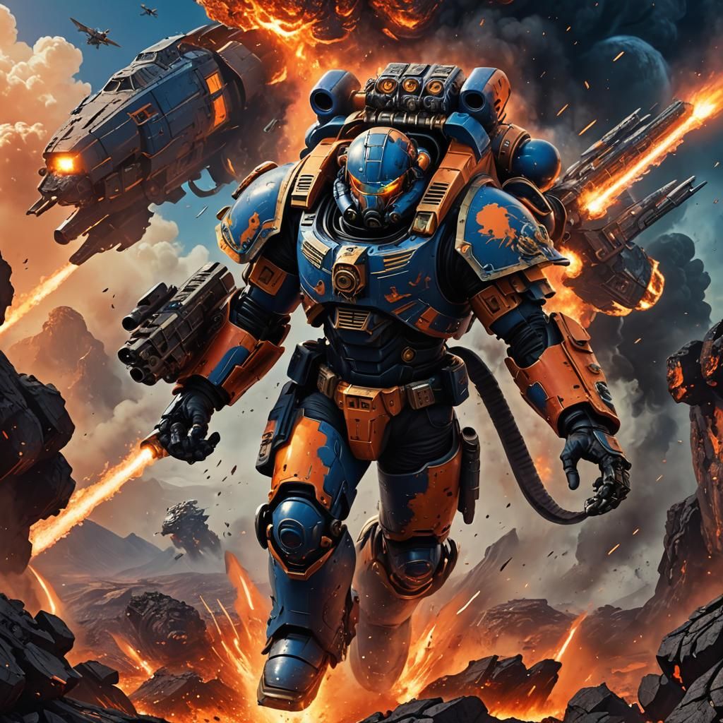 Space Marine Jumps Over Lava Planet in Sci-Fi Art