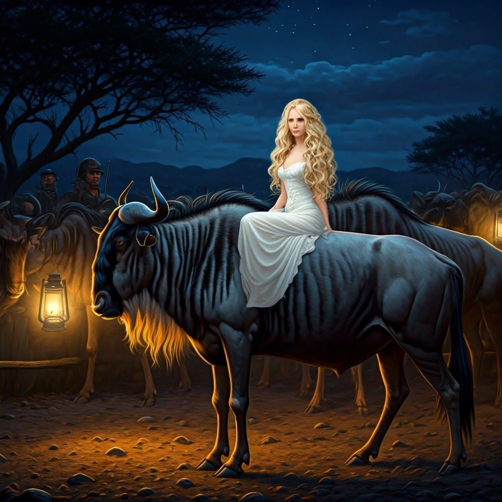 Majestic Wildebeests Herded Under Moonlit Night