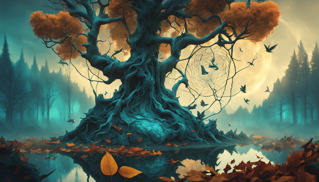 Mystical Autumn Landscape with Migrating Wildlife