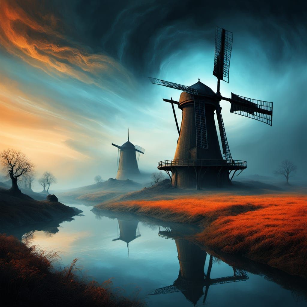 Surreal Windmill Landscape with Swirling Patterns and Golden...