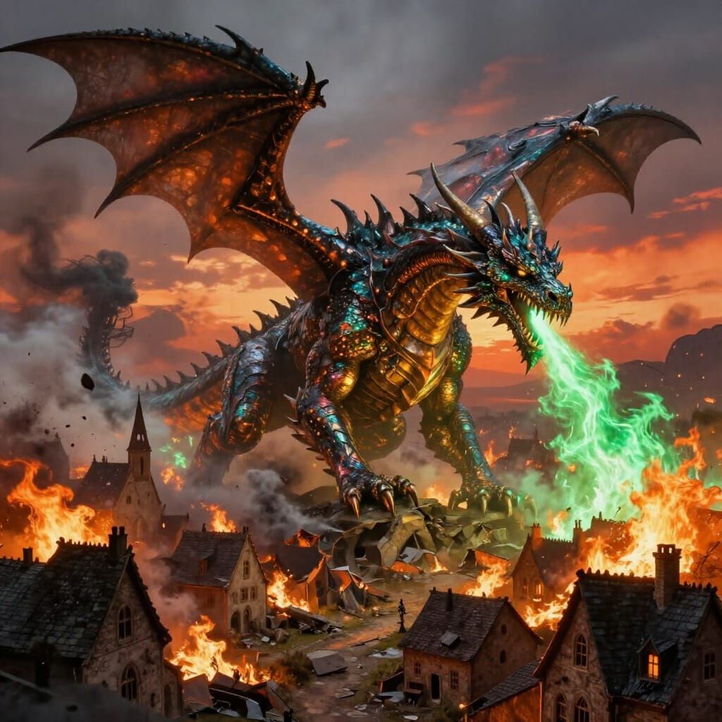 Colossal Metallic Dragon Unleashes Emerald Fire on Village