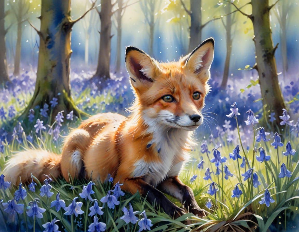 Fox Cub in Bluebell Wood, Watercolor Painting