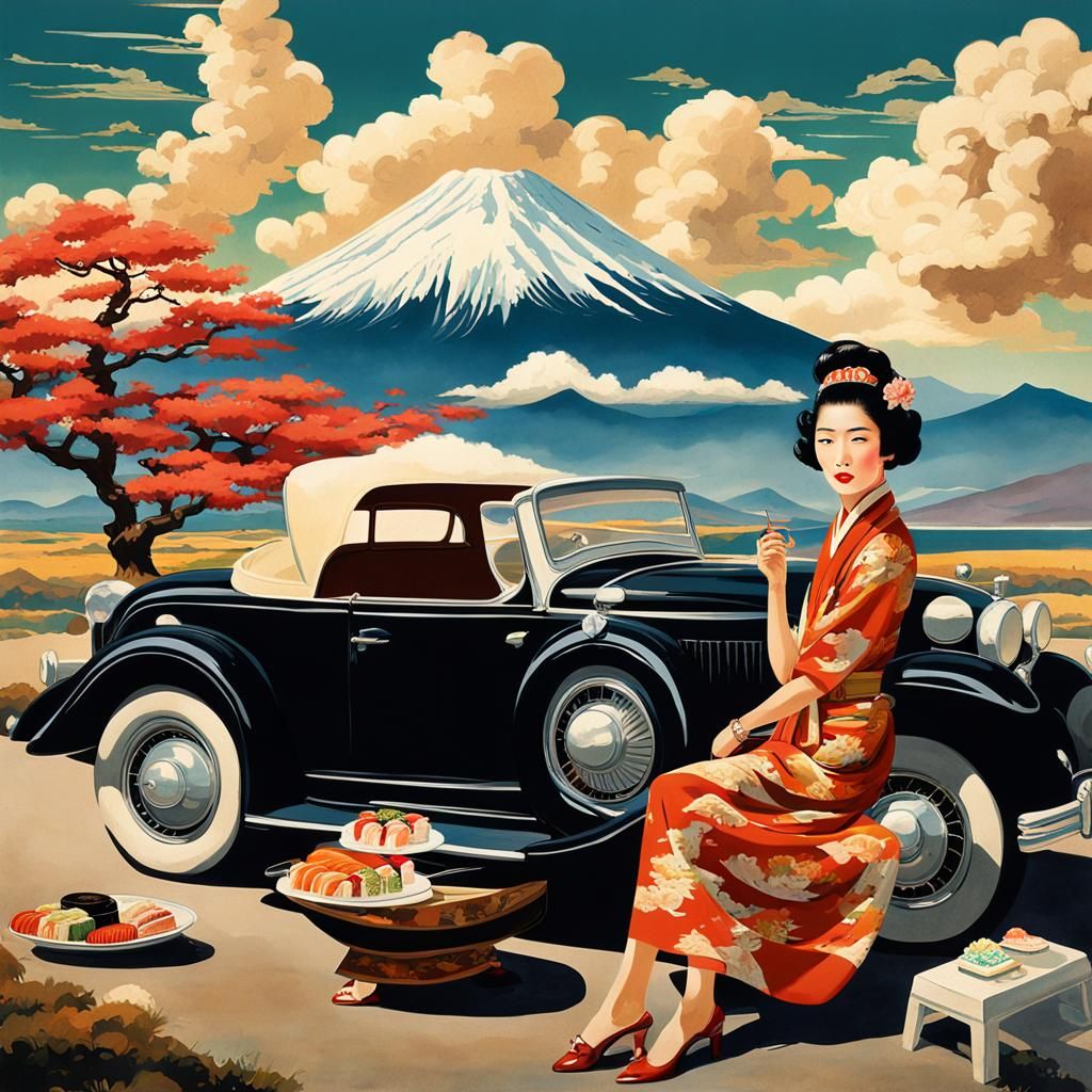 Vintage Travel Poster: Asian Woman with Sushi Scarf