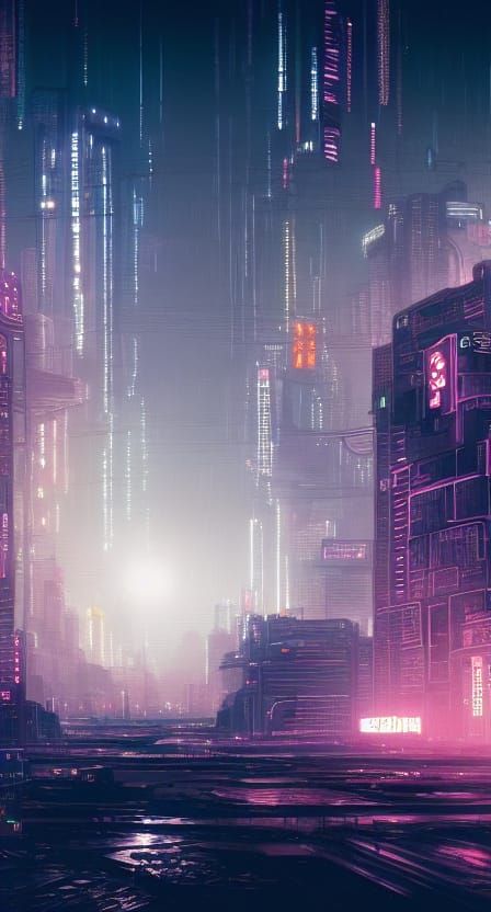 Moonlit Dystopian City in Cyberpunk Style