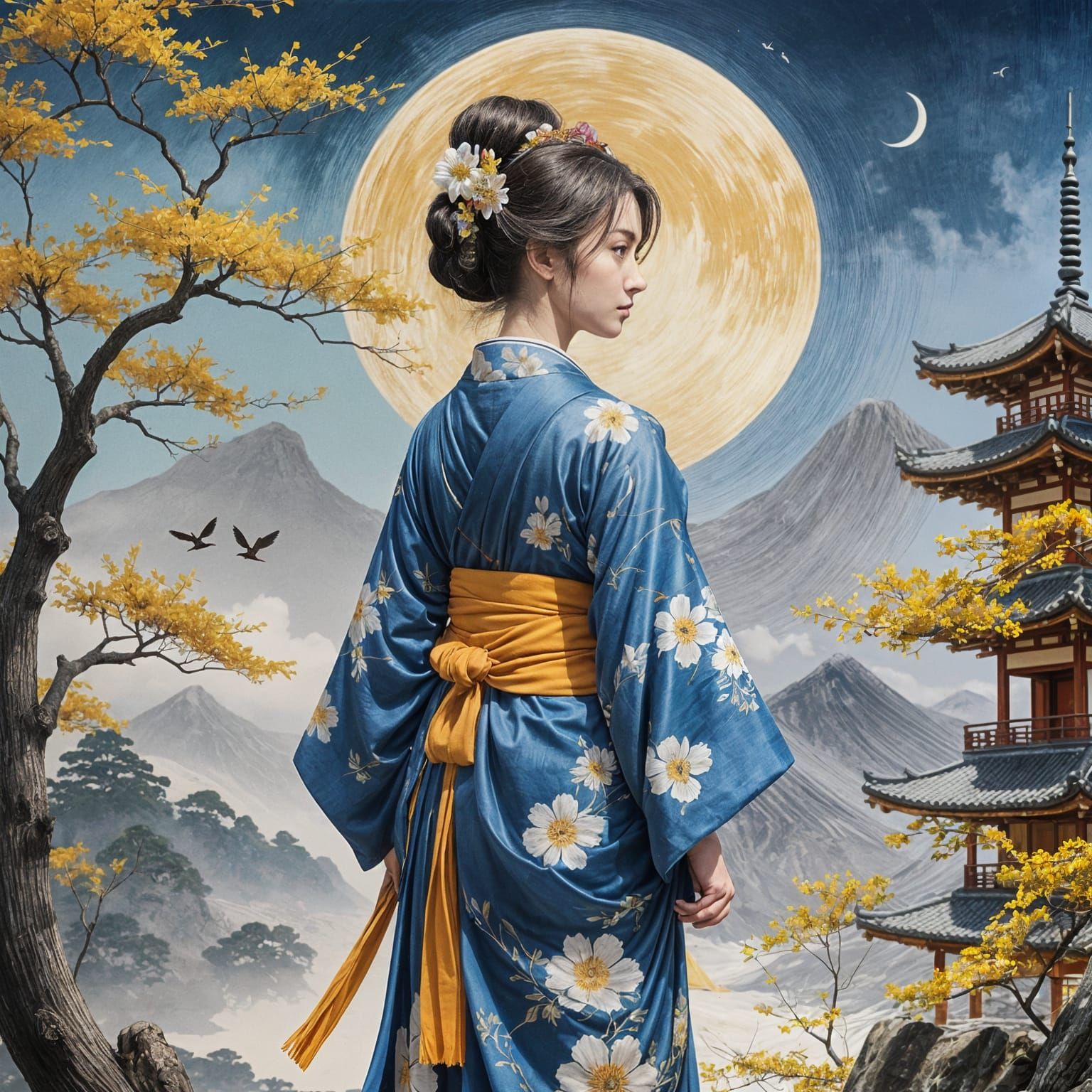 Woman in Traditional Japanese Attire with Flowers and Sword