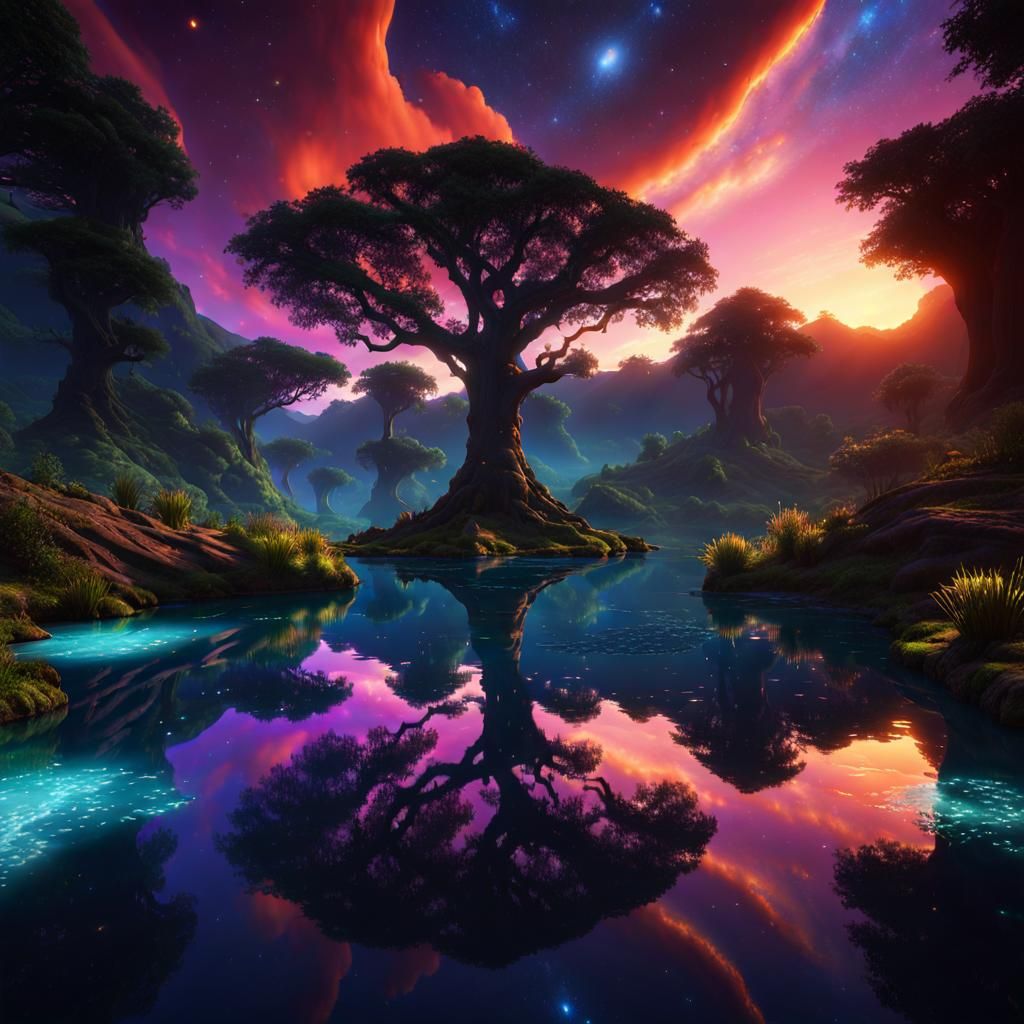 Enchanted River Valley Under Starry Sky