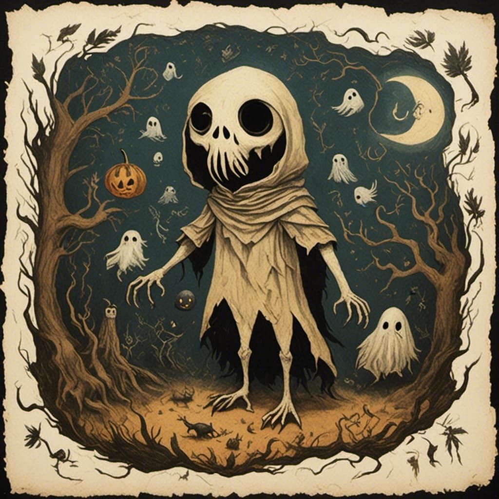 Cute Ghost Portrait in Stone Age Silhouette Style