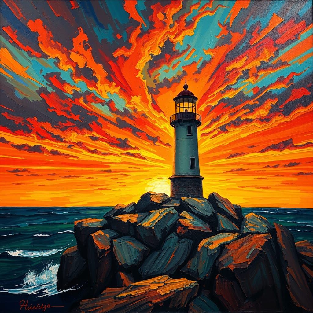 Ethereal Lighthouse Illuminated by Radiant Sunset