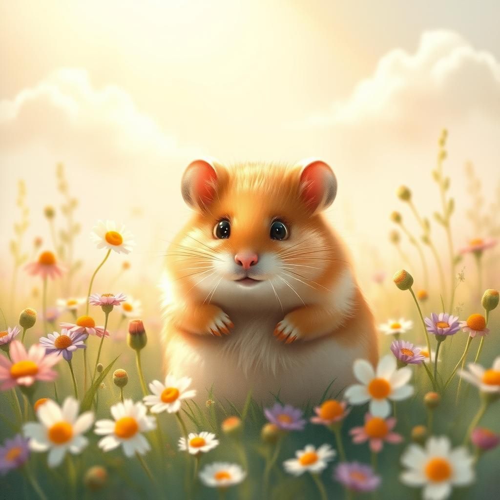 Hamster in Meadow with Dreamy Watercolor Effects