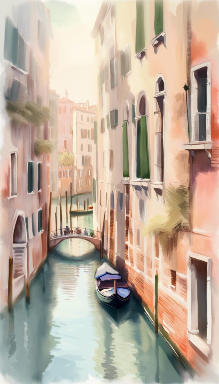 Venice Canal View from Bridge in Watercolor Style