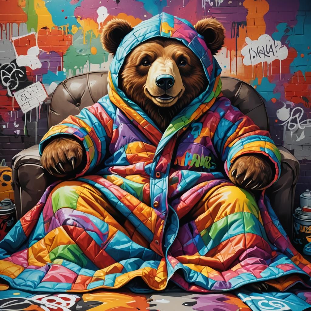 Cartoon Bear in Graffiti Art Style on Couch