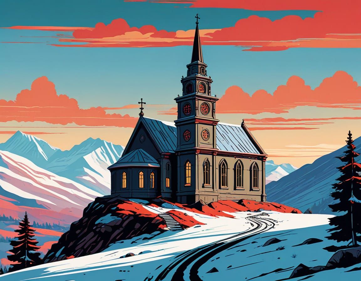 Majestic Church in Winter Comic Book Style