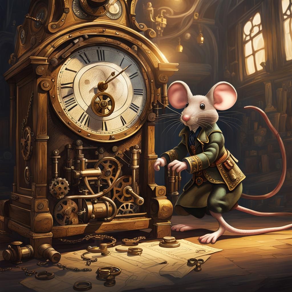 Steampunk Mouse Swashbuckler Behind Grandfather Clock