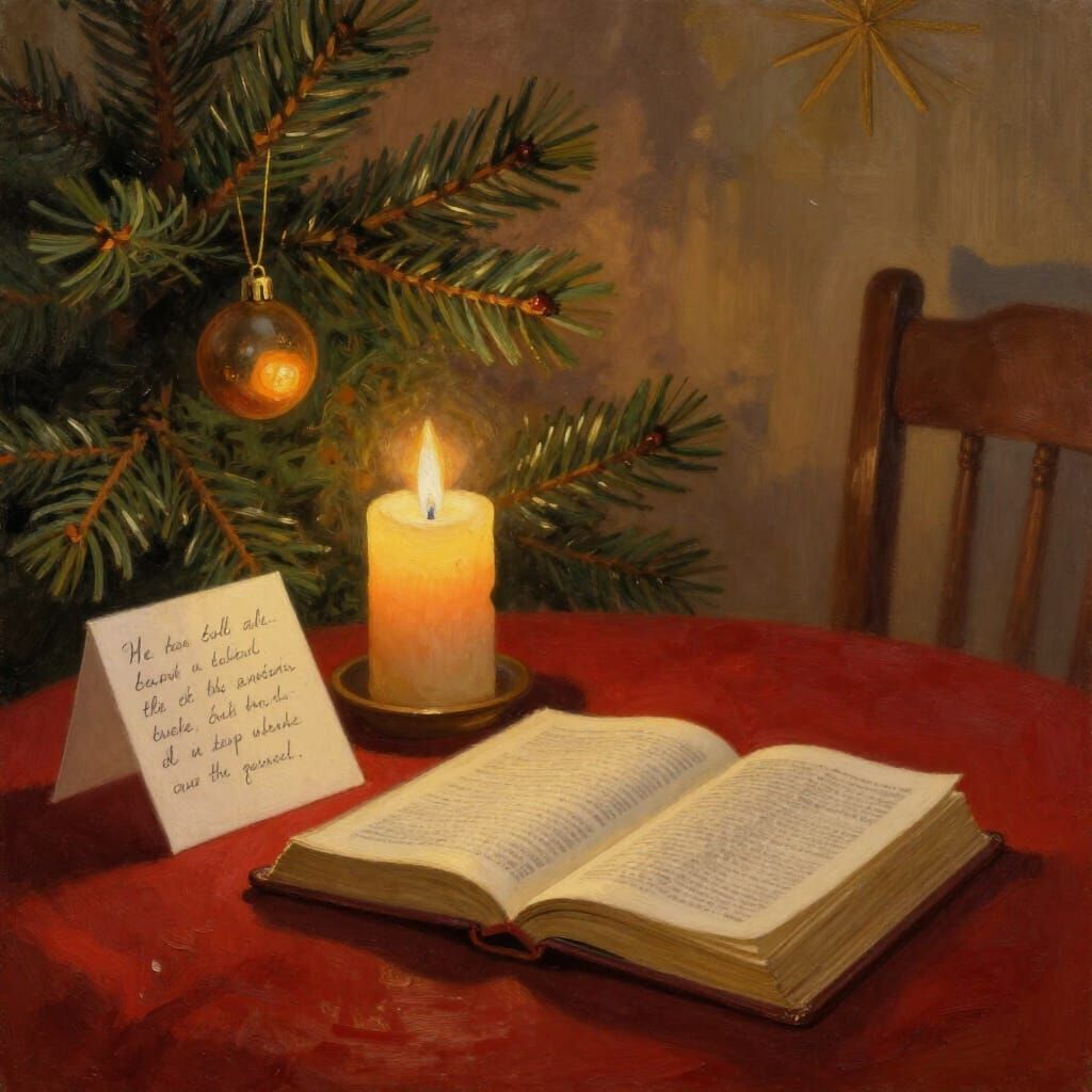 Candlelit Christmas Scene in Humble Home, Realistic Oil Pain...
