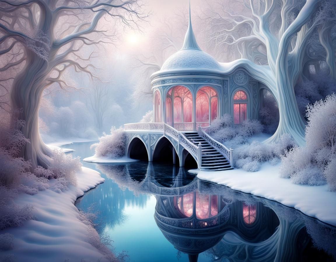 Winter riverscape with a house