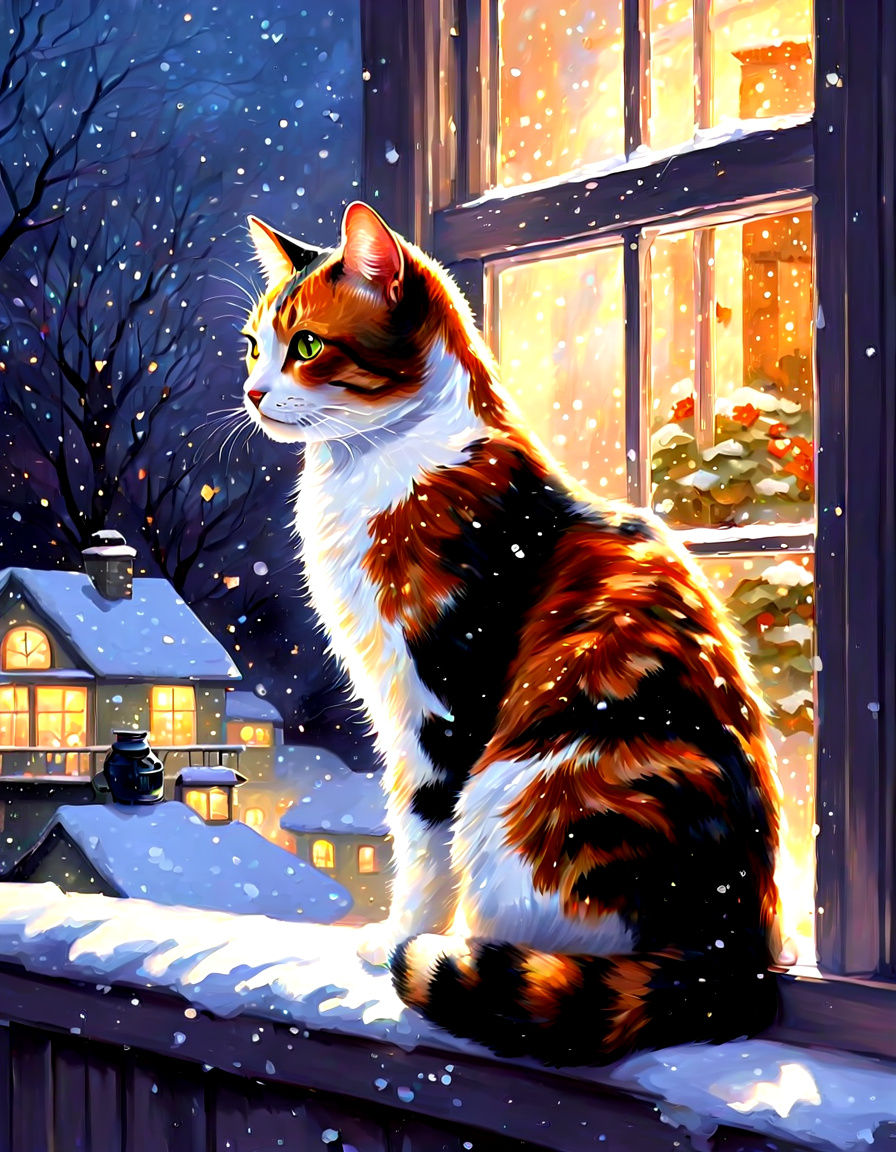 Calico Cat Watches Snowfall in Ethereal Winter Wonderland
