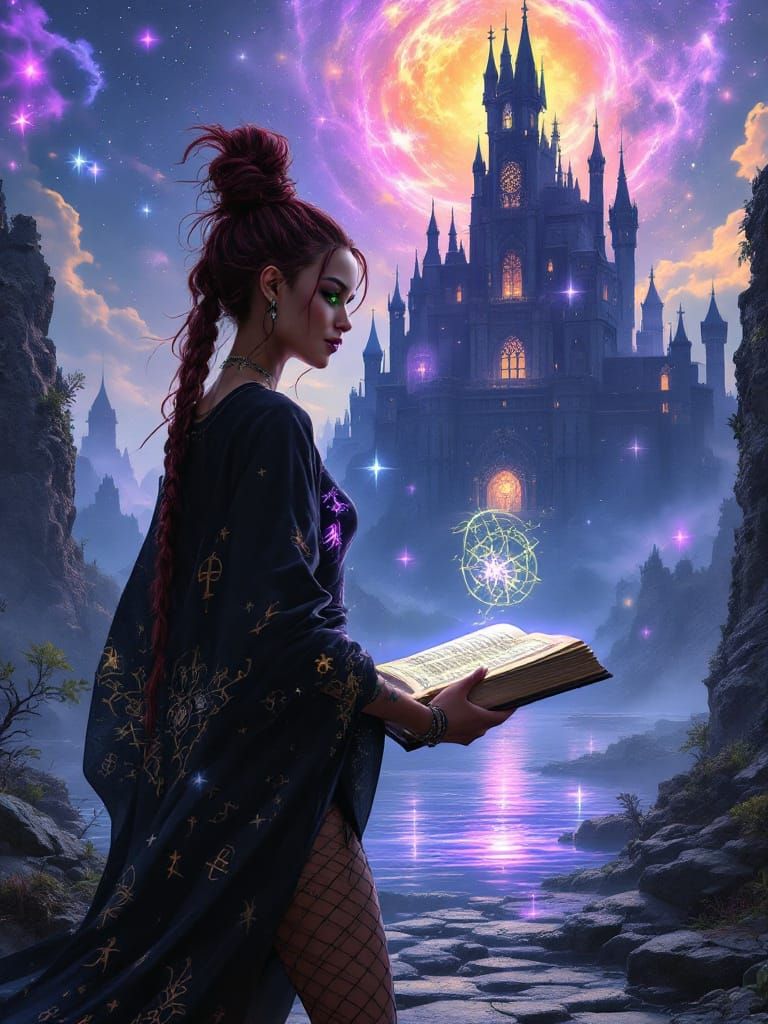 Elegant Witch with Magical Book and Distant Castle