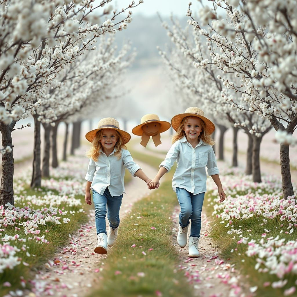 Blonde Twins in Almond Field, Detailed Matte Painting