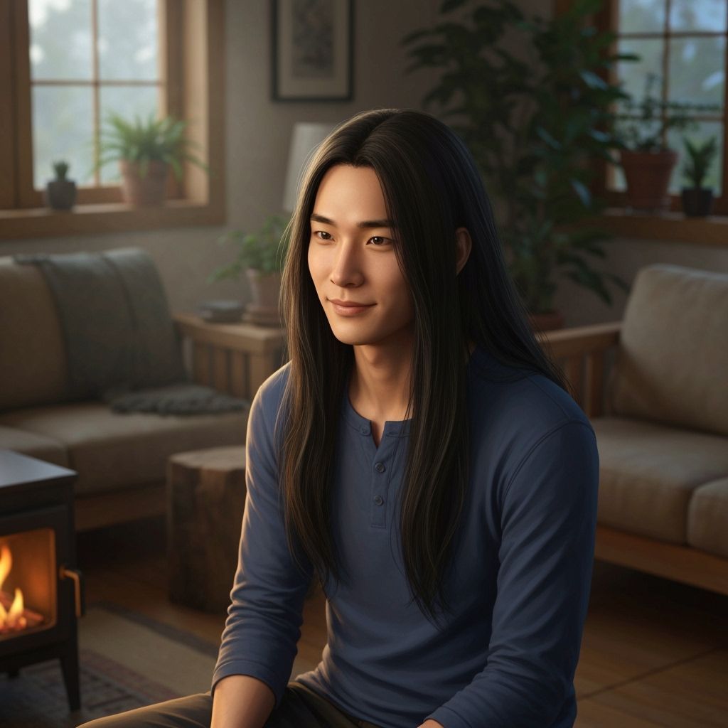 Kind Man with Black Hair in Cozy Natural Setting