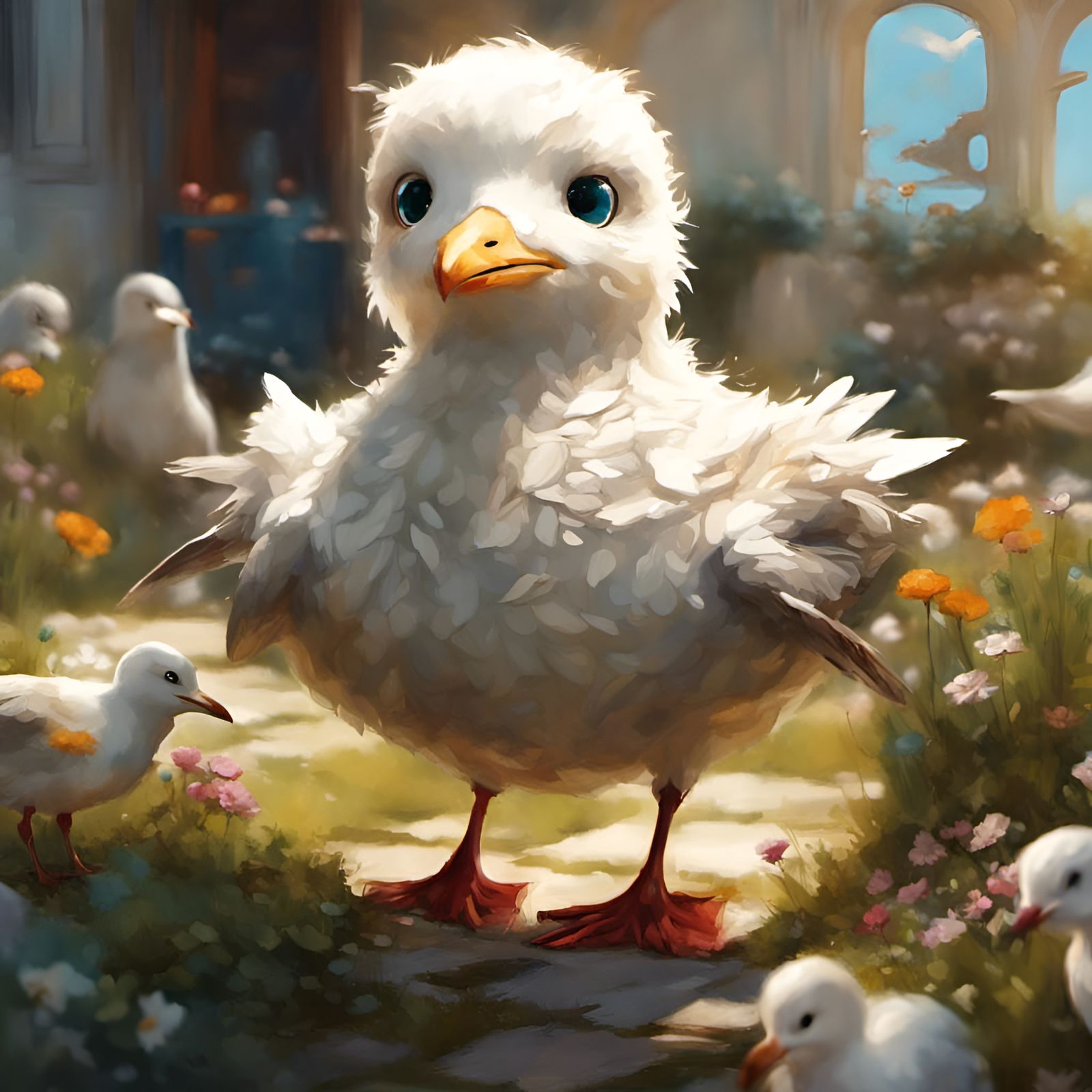 Chibi Seagull Gardener in Bright Dramatic Lighting