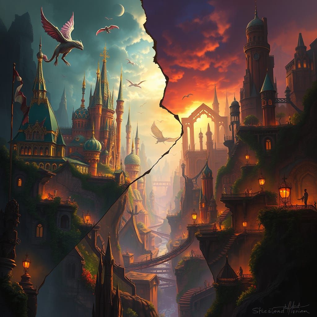 Fantasy City Split: Vibrant vs Ruined, Surreal Art