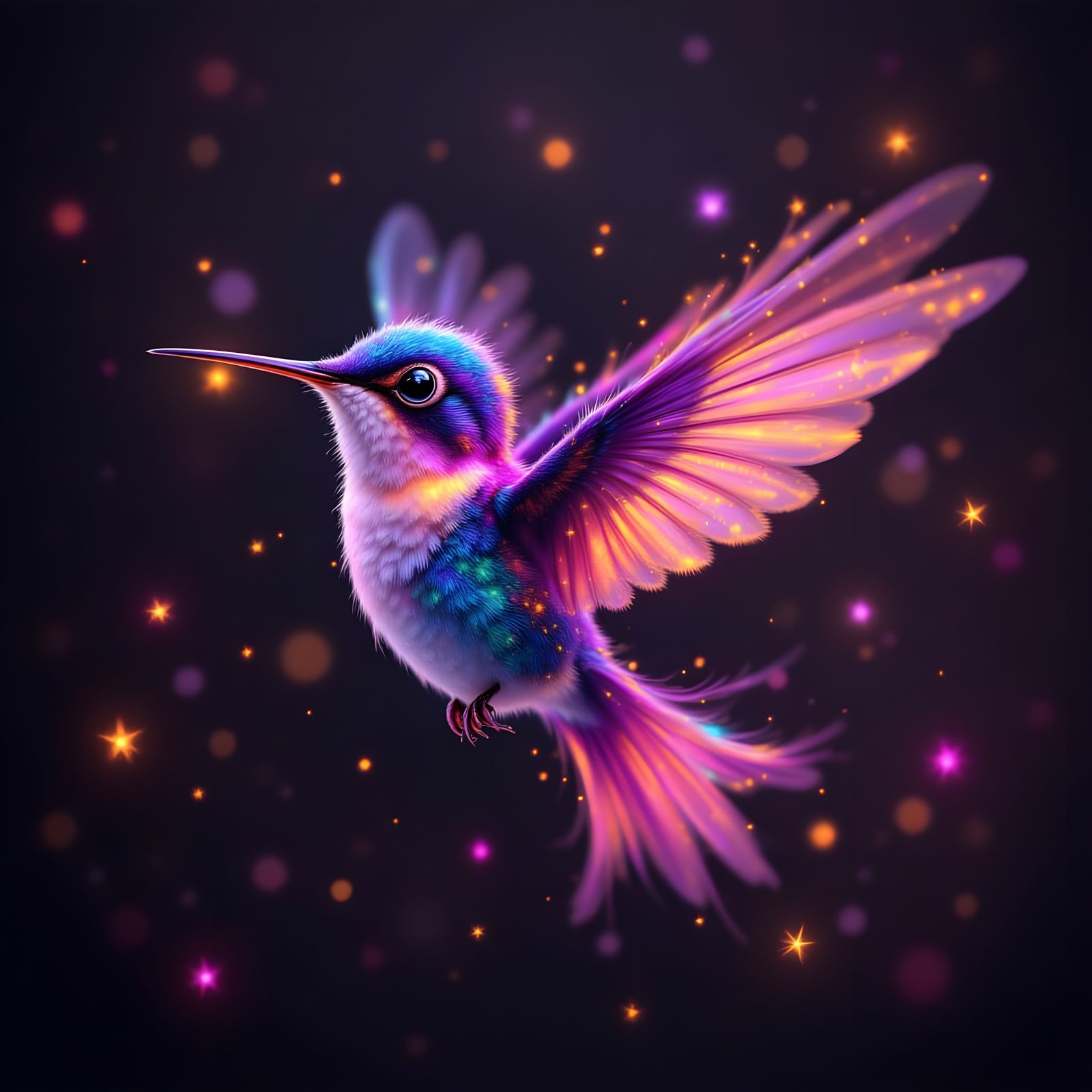 Hummingbird with Pink Eyes Among Fiery Roses