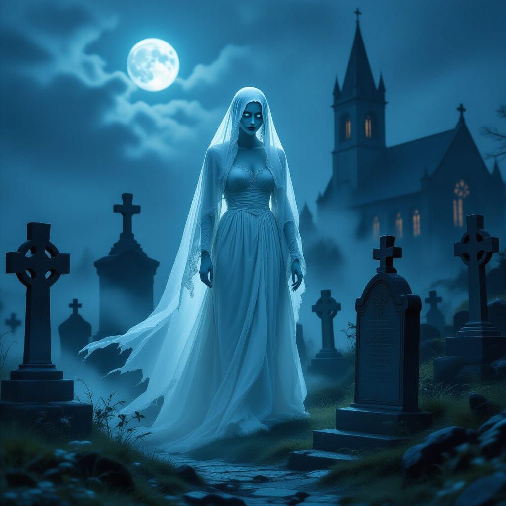 Ghostly Woman in Mist-Shrouded Cemetery