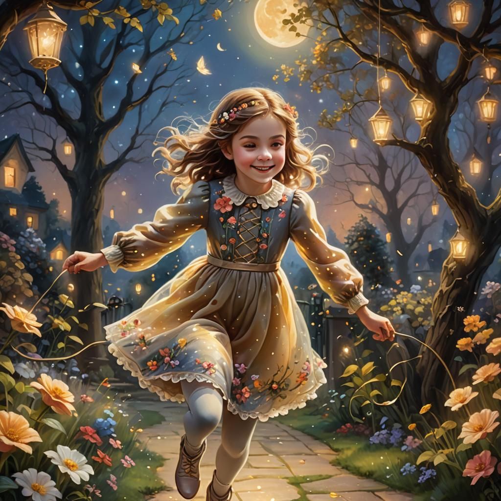 Enchanting Girl Skipping Rope in Moonlit Garden