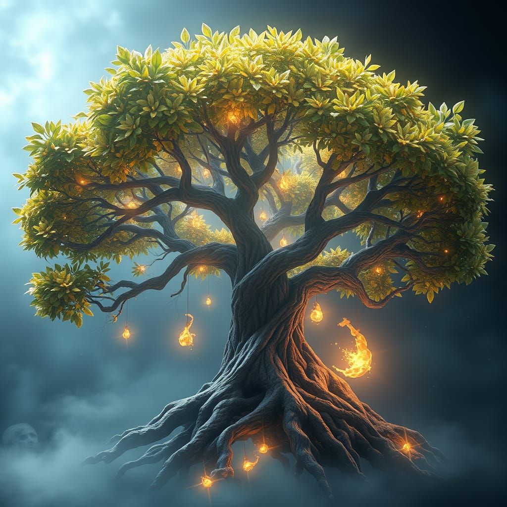 Enchanted Ancient Tree with Glowing Leaves and Mystical Ener...
