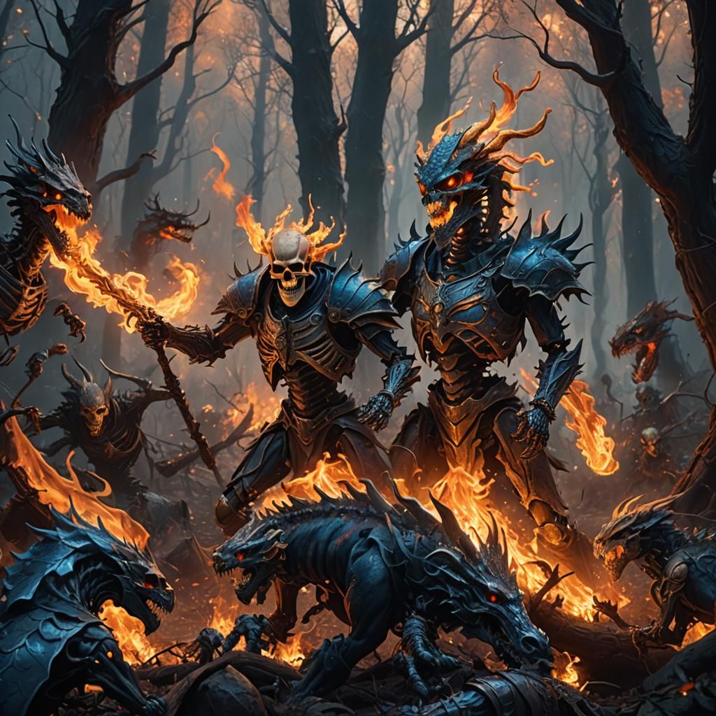 Epic Fantasy Battle: Flaming Skeletons vs Dragon